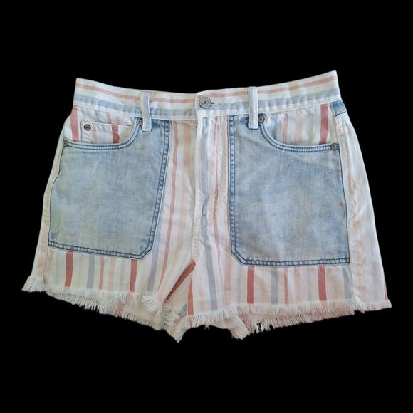American Eagle High Rise Mom Jean Shorts Denim Pastel Striped Raw Hem Size 6 - Picture 1 of 13
